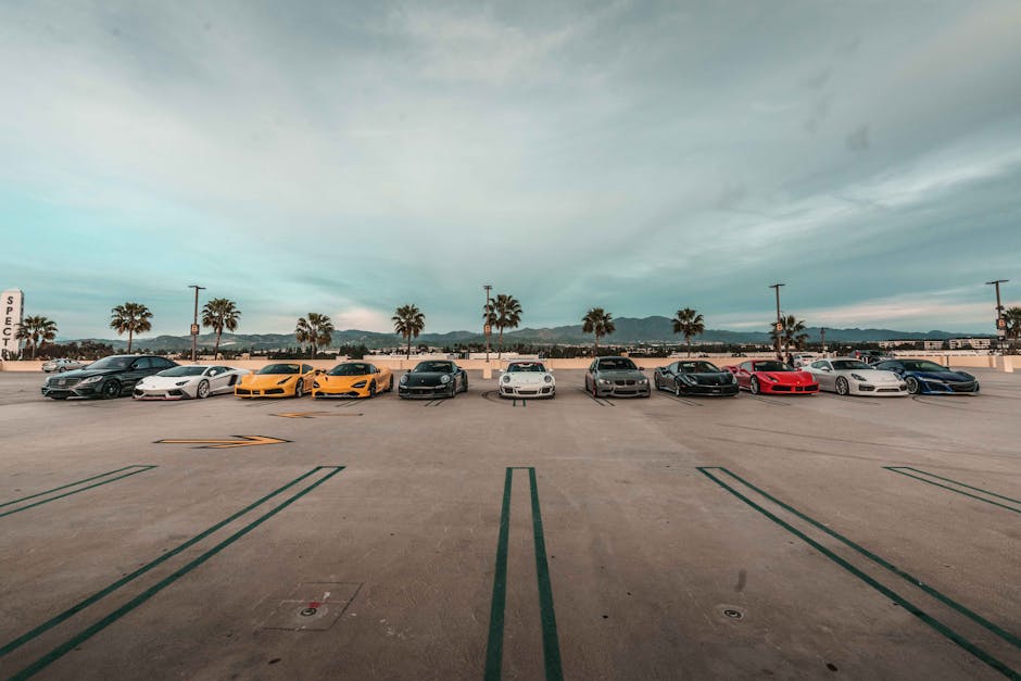 Lineup of luxury sports cars parked outdoors under a cloudy sky with palm trees