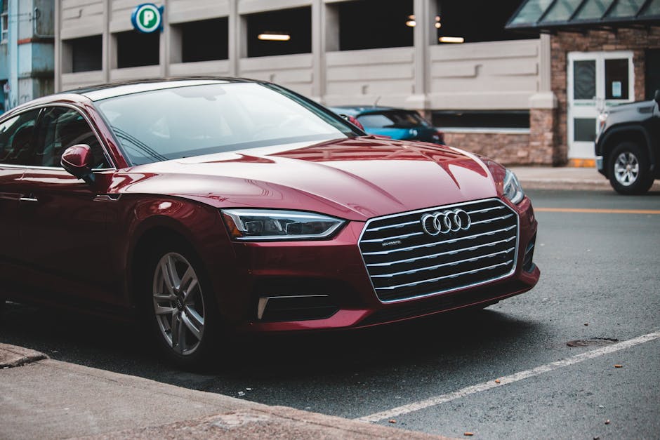 Modern luxury red automobile parked on asphalt road on city street in daylight